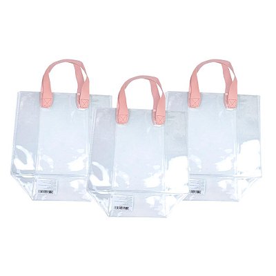 Kit 3 Sacolas Transparentes Presentes Alças Couro Rosa