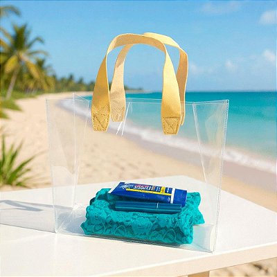 Sacola Transparente de Presente Alças em Couro Bege