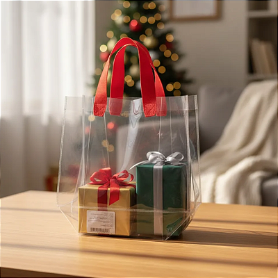 Sacola Transparente para Presente em PVC com Alças em Couro Sintético Vermelho – Embalagem Elegante, Resistente e Sofisticada para Lembranças e Kits Especiais