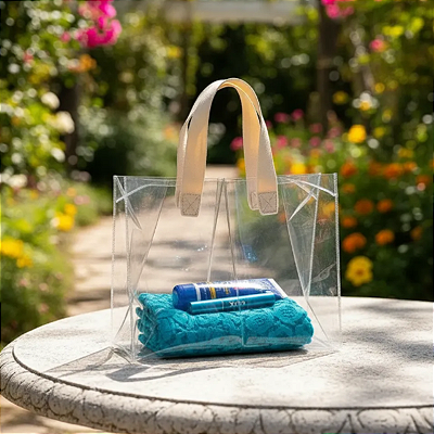 Sacola Transparente para Presente em PVC com Alças em Couro Sintético Creme – Embalagem Elegante, Resistente e Sofisticada para Lembranças e Kits Especiais