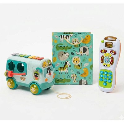 Combo Diversão Baby: Ônibus Xilofone e Controle Remoto com Som e Luz Looney Tunes +Sacola Presente de Brinde