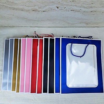 Kit 12 Sacolas Papel Presente Pequena c/Visor Cores Sortidas