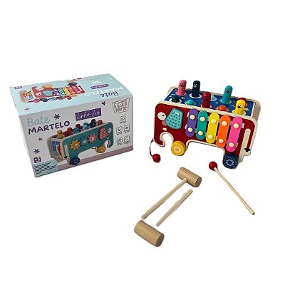 Brinquedo Bate Martelo Elefante Multifuncional Relógio Xilofone Madeira - Toy Mix