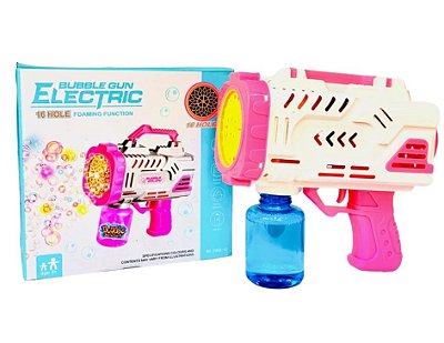 Pistola Bazuca Automática Bolhas de Sabão Com Luz e Som Reservatório 16 Furos