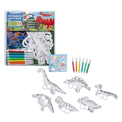 Kit Dedoche para Colorir Dino Blister C/6 Cards + 6 Canetas Hidrocor + 1 Cartela de Adesivo - Leo&Leo
