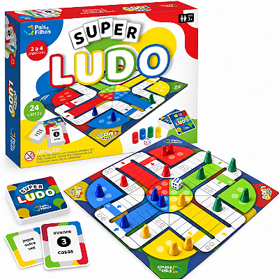 Jogo de Tabuleiro Super Ludo com Cartas 2 a 4 Jogadores - Pais e Filhos