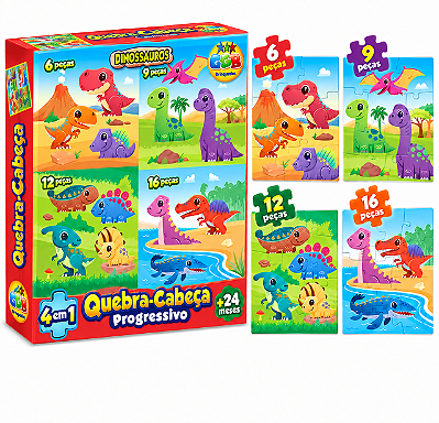 Quebra Cabeça Progressivo 4 em 1 Dinossauros 6 9 12 e 16 Peças - GGB Brinquedos