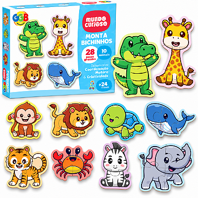 Quebra Cabeça Monta Bichinhos 28 Peças Grandes com 10 Animais - GGB Brinquedos