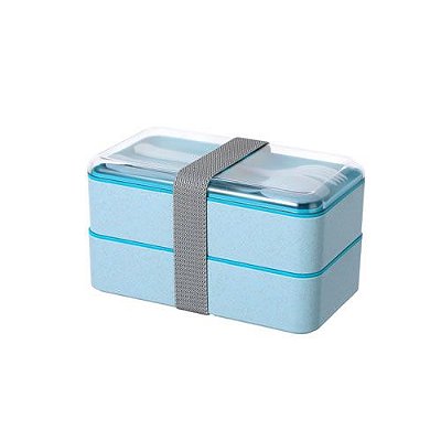 BENTO BOX CAMADA DUPLA COM GARFO E COLHER - PALHA DE TRIGO AZUL - 1000 ML