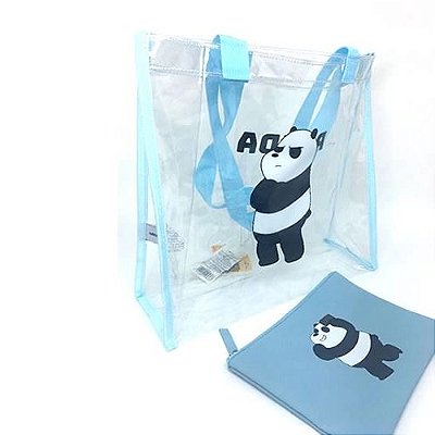 Bolsa de ombro com necessaire, Panda. Urso sem Curso/We Bare Bears. Cor: transparente e detalhes em azul