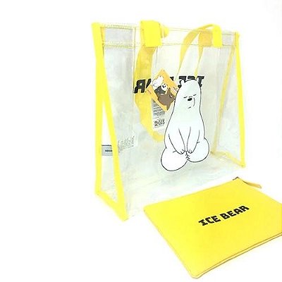 Bolsa de ombro com necessaire, Polar/Ice Bear. Urso sem Curso/We Bare Bears. Cor: transparente e detalhes em amarelo