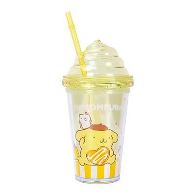 COPO DE PLÁSTICO COM CANUDO E TAMPA MODELO SANRIO PONPOMPURIN 320ml.