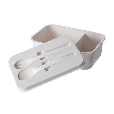 BENTO BOX DE PLÁSTICO COM DIVISÓRIAS, GARFO E COLHER 1200ml. BPA FREE COR BRANCO