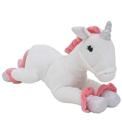 Pelúcia: Unicórnio Deitado Cor Branco e Rosa 40cm.