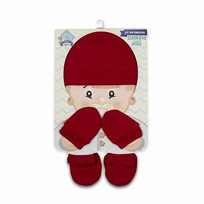 KIT TOUCA, LUVA E PANTUFA PARA BEBÊS COR VERMELHO