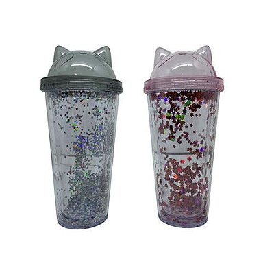COPO COM TAMPA EM FORMATO DE GATO - 420 ML - GLITTER