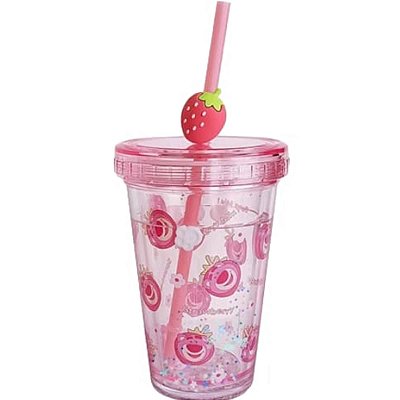 COPO PLÁSTICO COM PAREDE DUPLA E CANUDO DISNEY LOTSO FRUTAS 320 ML.