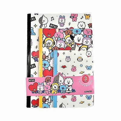 CONJUNTO DE CADERNOS BROCHURA COLEÇÃO BT21 3 PÇS. 28 FOLHAS .