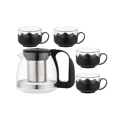 JOGO DE CHÁ  4 XÍCARAS COM JARRA DE VIDRO COR PRETO 700 ML.