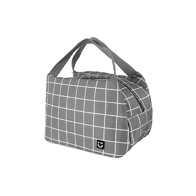 BOLSA TÉRMICA MINISO XADREZ CINZA E BRANCO TAMANHO 28 CM.