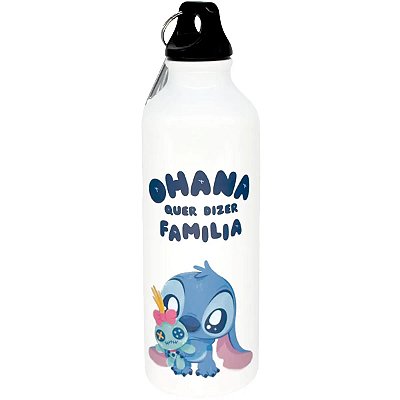 GARRAFA DE ALUMÍNO COM MOSQUETÃO COLEÇÃO DISNEY STITCH OHANA 500 ML.18,5 X 7 X 7 CM.