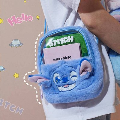 Bolsa Transversal Pelúcia Fluffy Stitch Disney Fofa Miniso
