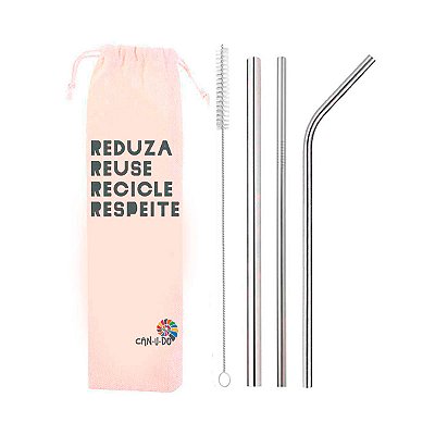 Kit 5 em 1: 3 canudos de inox (shake 8mm) + escova + ecobag: Reuse