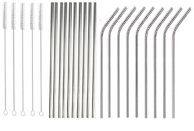 Kit 50 canudos inox: 25 reto + 25 curvo + 50 escovas
