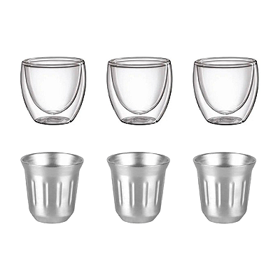 Kit 6 copos café: 3 copos double wall + 3 copos 80ml de inox