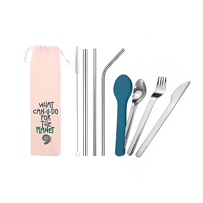 Kit 5 em 1 prata: canudos (shake 8mm) Prata + Trio de Talheres