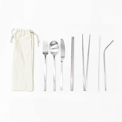 Kit 25 8 em 1 de inox: garfo + faca + colher + hashi+ canudo + shake + escova + bag