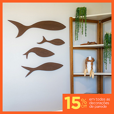 Kit 4 Esculturas de Parede Baleia Clássica em Madeira (Oferta: 1 Grátis!)