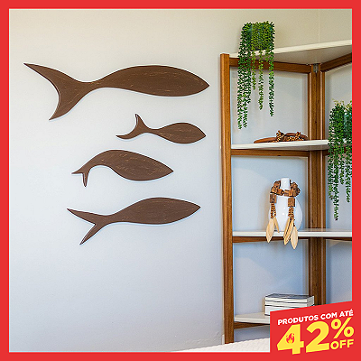 Kit 4 Esculturas de Parede Baleia Clássica em Madeira (Oferta: 1 Grátis!)