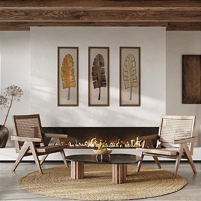Kit de 3 Quadros Artesanais em Alto Relevo 100x35 - Folhas de bananeira