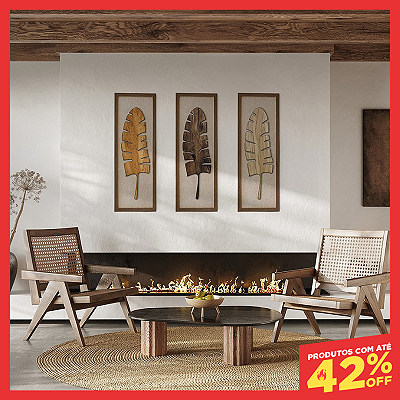Kit de 3 Quadros Artesanais em Alto Relevo 100x35 - Folhas de bananeira