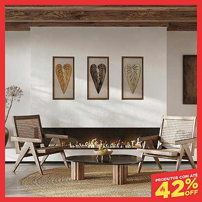 Kit de 3 Quadros Artesanais em Alto Relevo 70x30 Folhas de Alocasia