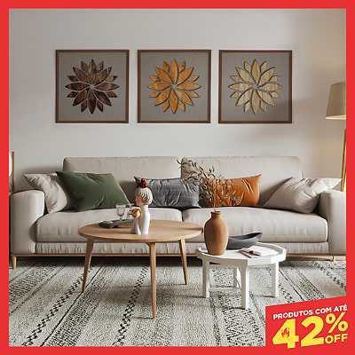Kit de 3 Quadros Artesanais em Alto Relevo com Fundo em Tecido - Mandala Flor de Lotus