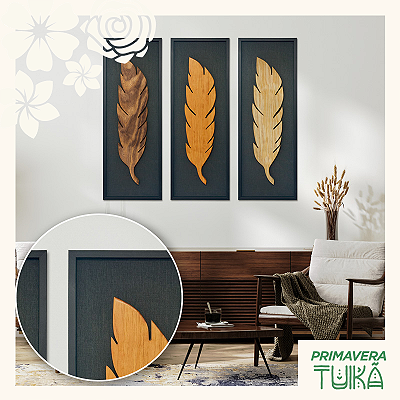 Kit 3 Quadros Pena em Alto Relevo - C/Moldura - (100x35cm)
