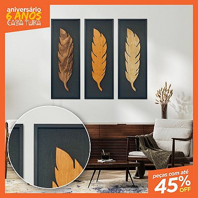 Kit 3 Quadros Pena em Alto Relevo - C/Moldura - (100x35cm)