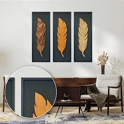 Kit 3 Quadros Pena em Alto Relevo - C/Moldura - (100x35cm)