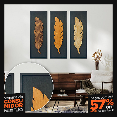 Kit 3 Quadros Pena em Alto Relevo - C/Moldura - (100x35cm)