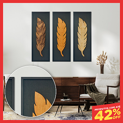 Kit 3 Quadros Pena em Alto Relevo - C/Moldura - (100x35cm)