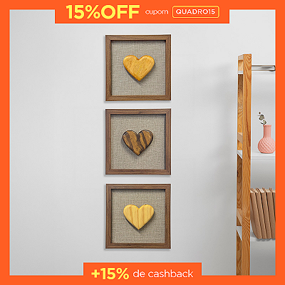 Kit 3 Quadros Coração - Moldura Amadeirada (25x25cm)