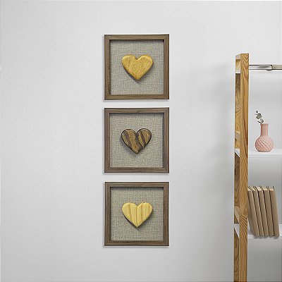 Kit 3 Quadros Coração - Moldura Amadeirada (25x25cm)