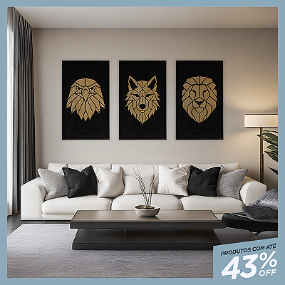 Kit 3 Quadros Artesanais em Alto Relevo - Animais (90x60cm)