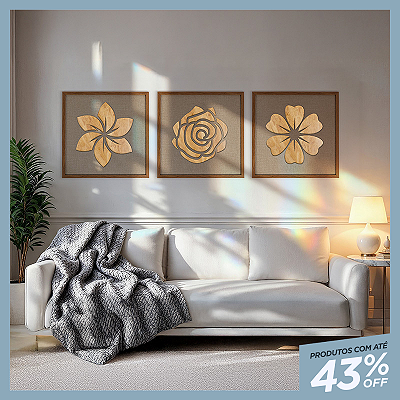 Kit 3 Quadro Artesanais em Alto Relevo - 3 Flores (60x60cm)