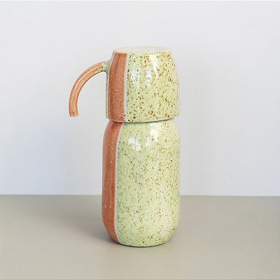 Moringa Cerâmica de cabeceira com Copo 18x8cm - Cor: Verde Primavera Mesclado e Laranja Intenso