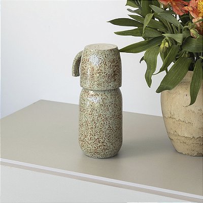 Moringa Cerâmica de cabeceira com Copo 18x8cm - Cor: Cinza Vesúvio