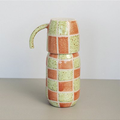 Moringa Cerâmica de cabeceira com Copo 18x8cm - Cor: Laranja e Verde Xadrez