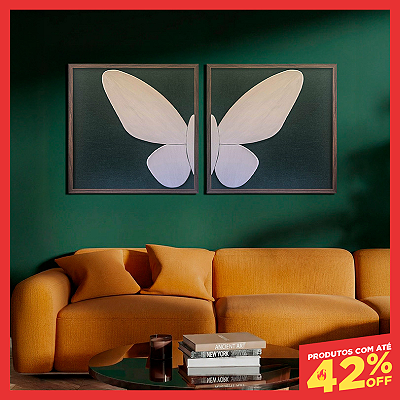 Kit de 2 Quadro Artesanal Asa de Borboleta - (60x60) - Fundo em tecido